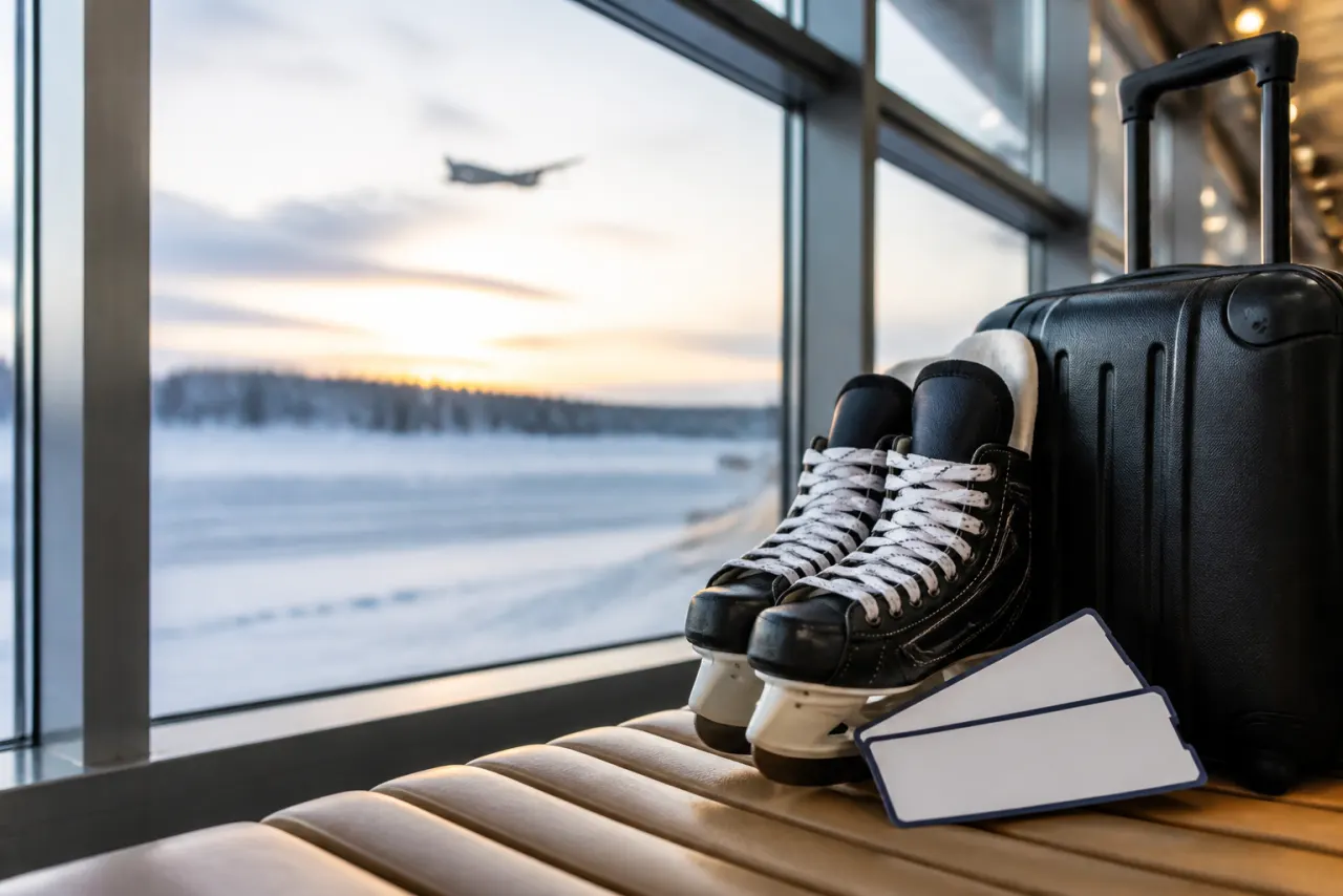 Resenärer planerar sportevenemang med biljetter och packning