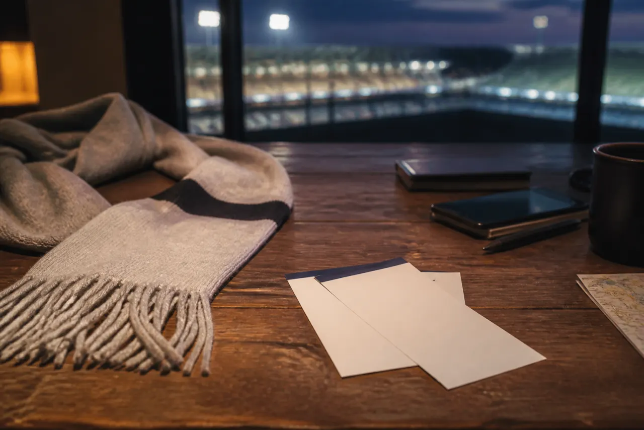 Resenärer planerar sportevenemang med biljetter och packning
