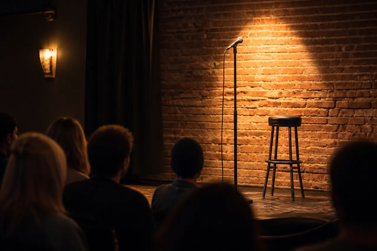 Standup-biljetter med scen, publik och biljettinformation